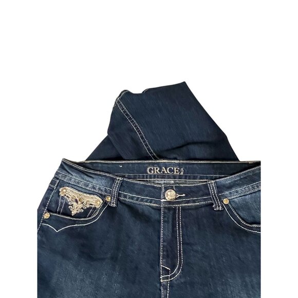 Grace In LA Womens Embroidered Jeans Size 14 Gold Detail Studs Straight - Picture 9 of 16